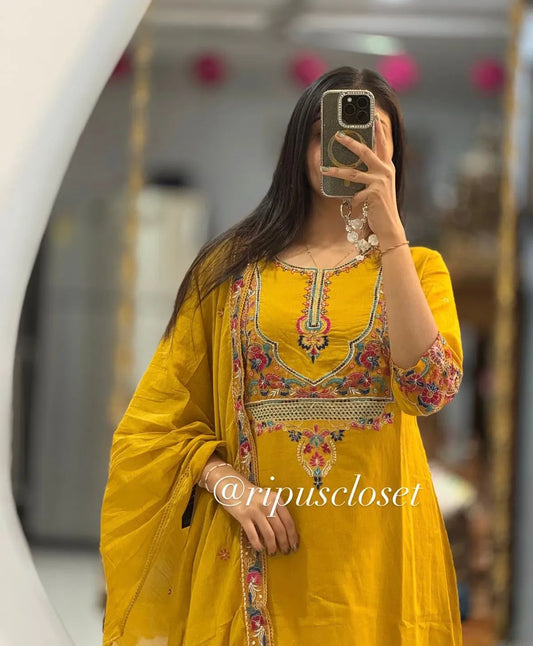 Beautiful Yellow Embroidery Kurta With Pant And Dupatta Set