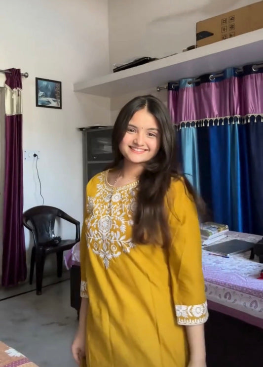 Yellow Stylish Summer Embroidery Kurti With Pant Set