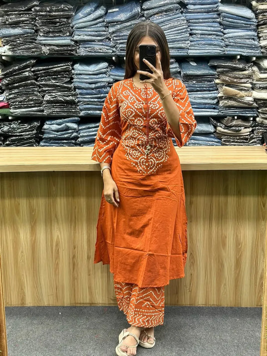 Orange Bandhani A-Line Kurta Set with Palazzo