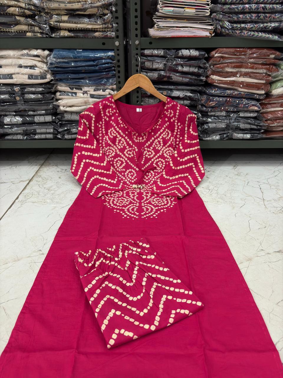 Pink Bandhani A-Line Kurta Set with Tassels