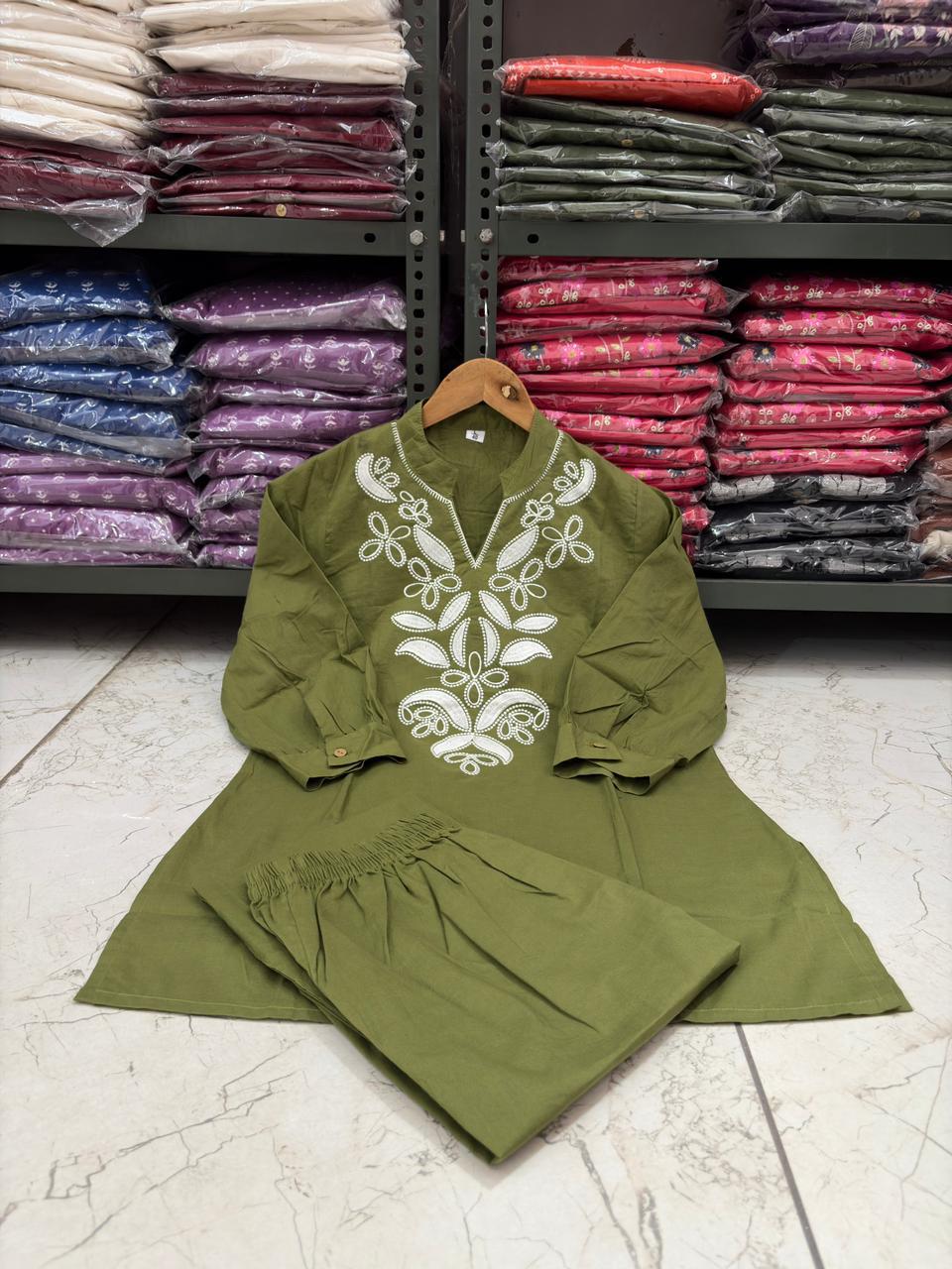 Olive Green Floral Embroidered Co-ord Set – 100% Premium Cotton