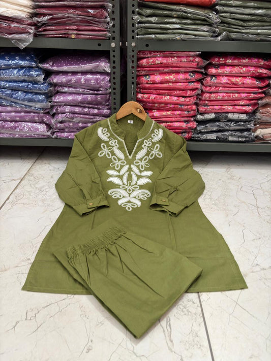 Olive Green Floral Embroidered Co-ord Set – 100% Premium Cotton