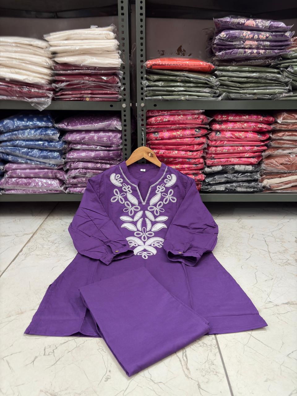 Purple Floral Embroidered Co-ord Set – 100% Premium Cotton
