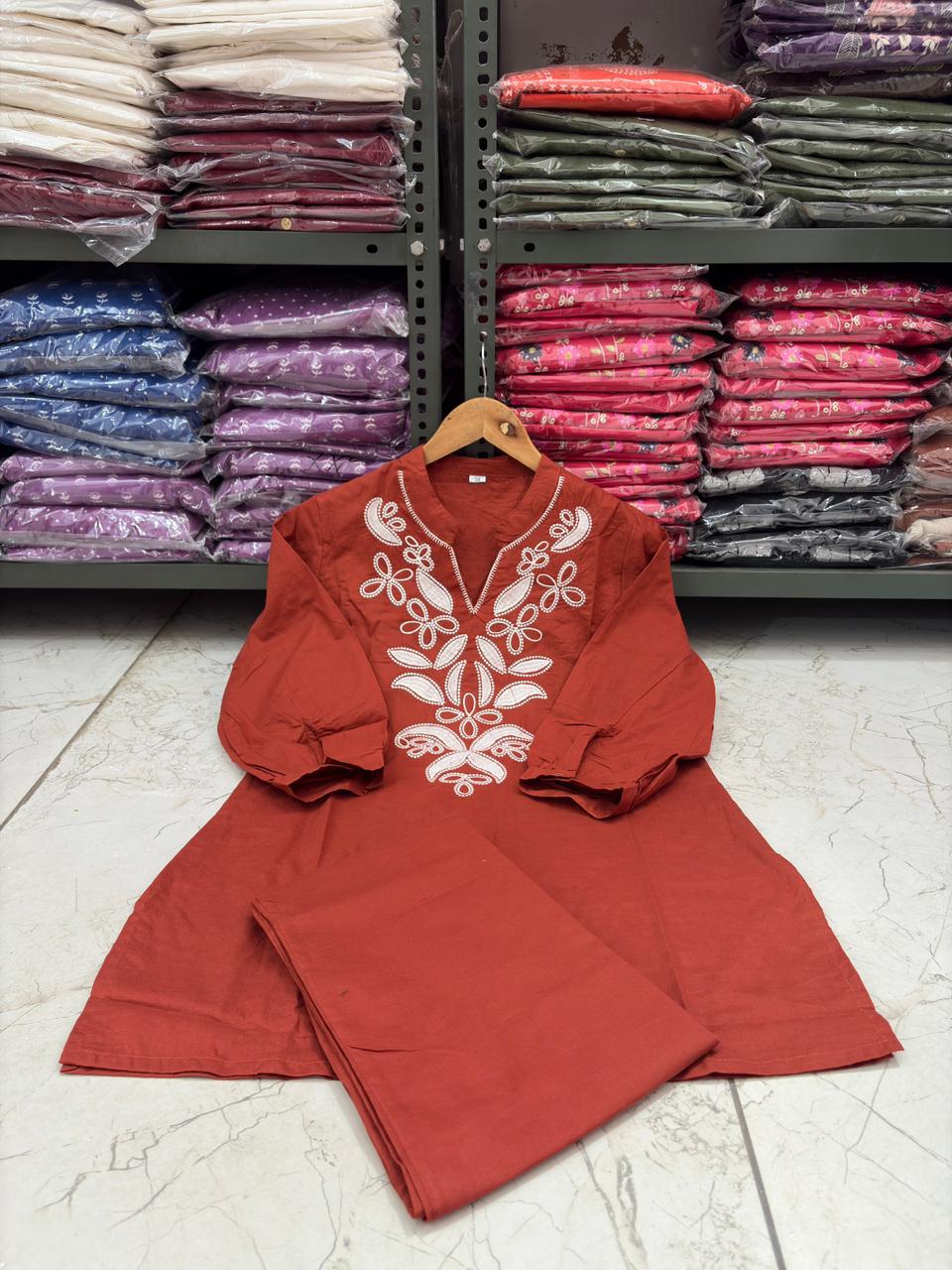 Rust Orange Floral Embroidered Co-ord Set – 100% Premium Cotton