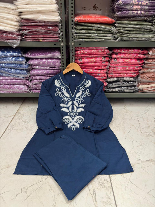 Blue Floral Embroidered Co-ord Set – 100% Premium Cotton