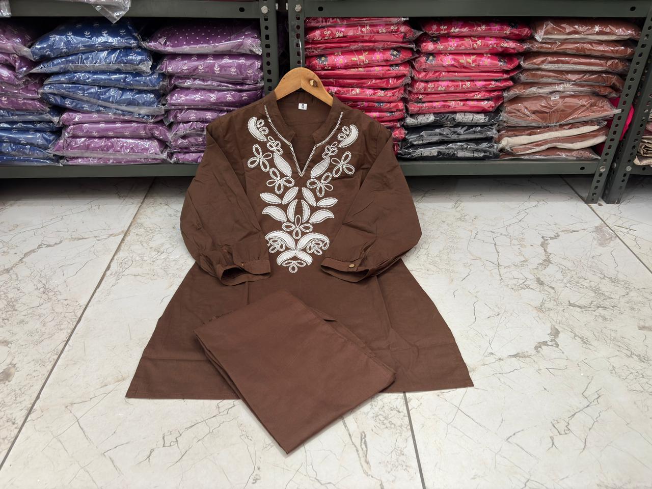 Brown Floral Embroidered Co-ord Set – 100% Premium Cotton
