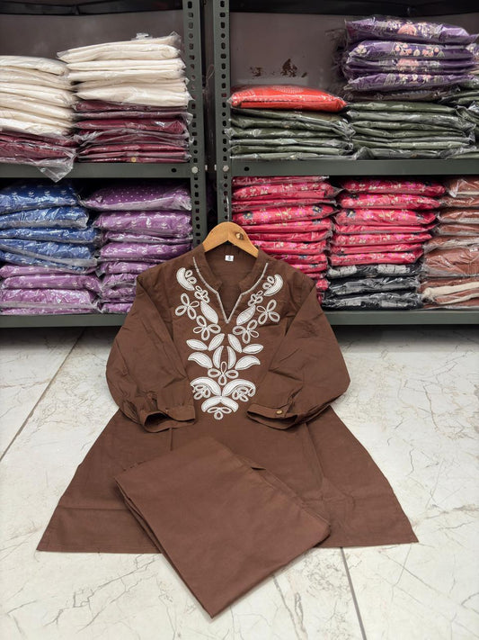 Brown Floral Embroidered Co-ord Set – 100% Premium Cotton