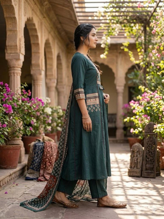 Women's Forest Green Block Print A-Line Suit Set