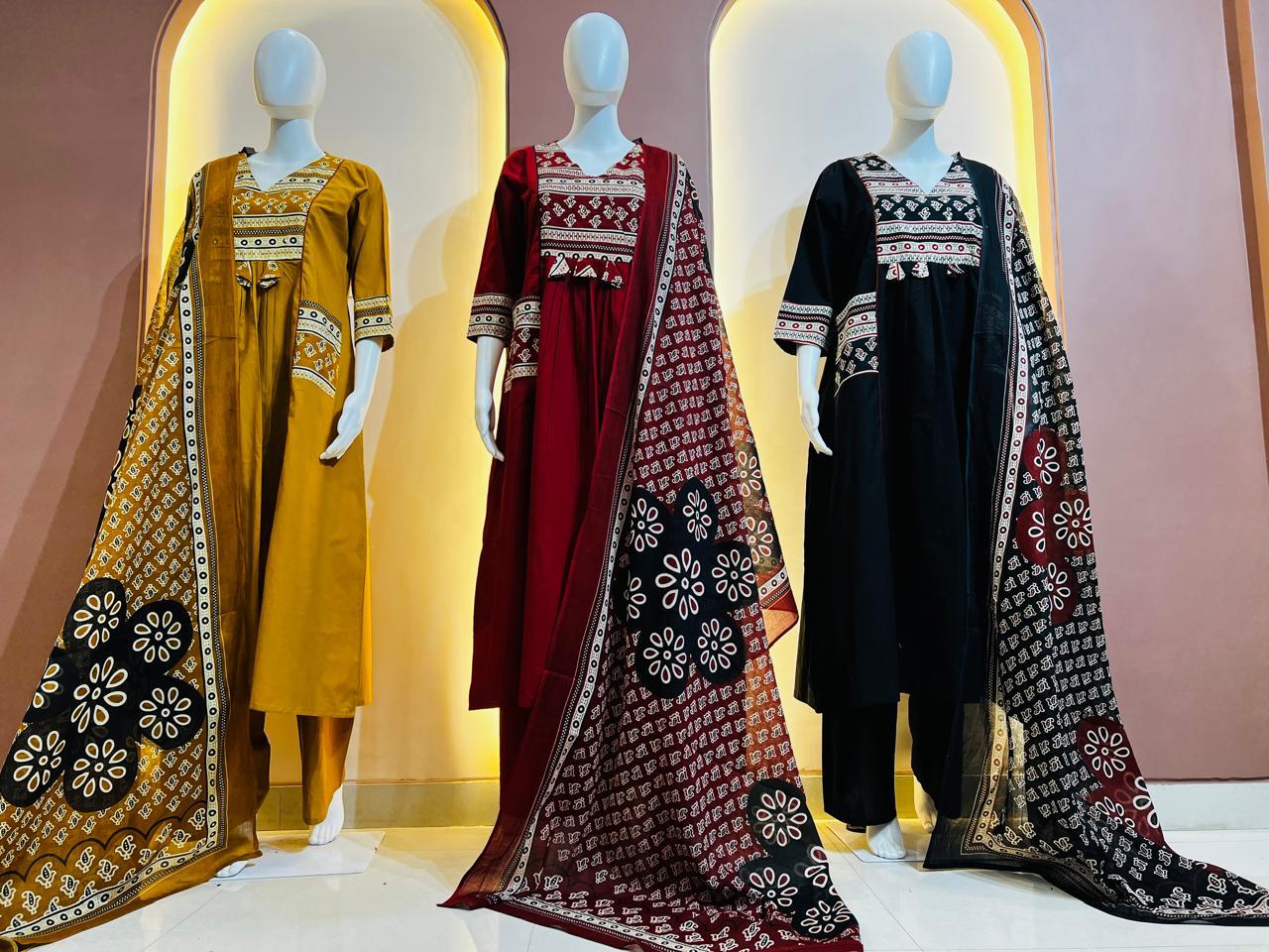 Women's Brick Red Block Print A-Line Suit Set