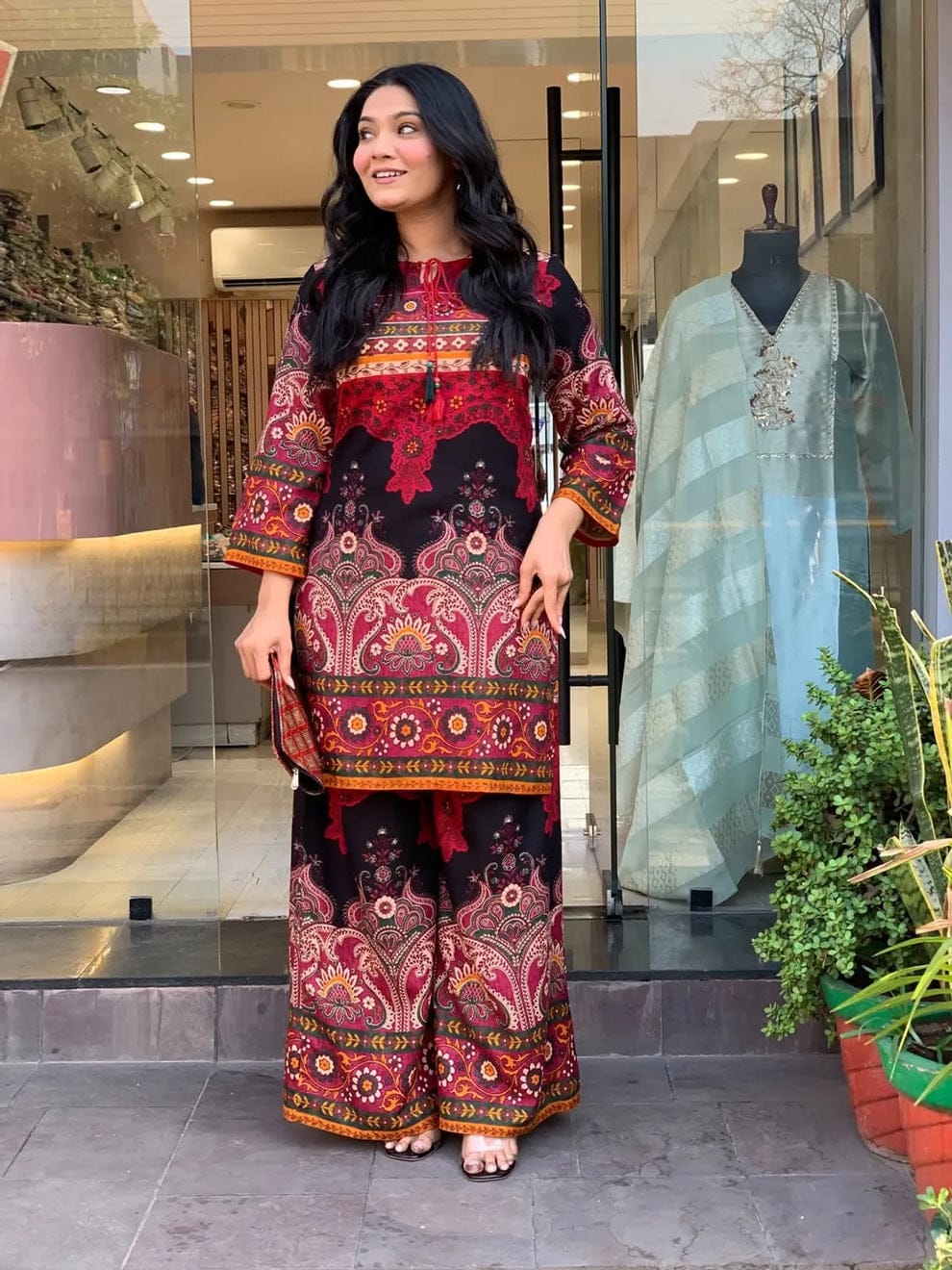 Women's Keyhole Neck Printed Tunic and Palazzo Set