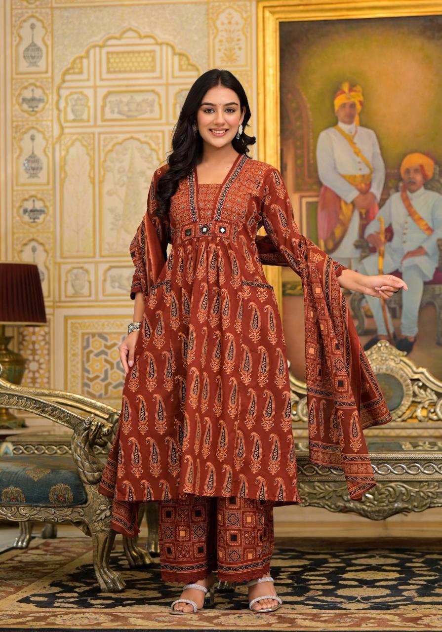 Women's V-Neck Rust Paisley Kurta and Wide-Leg Pants