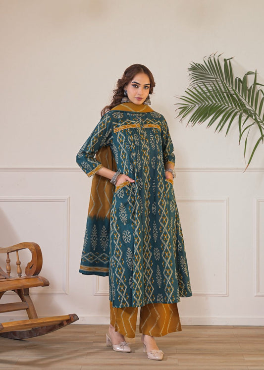 Geometric Green Ikat Print Cotton Kurta with Palazzo & Dupatta Set