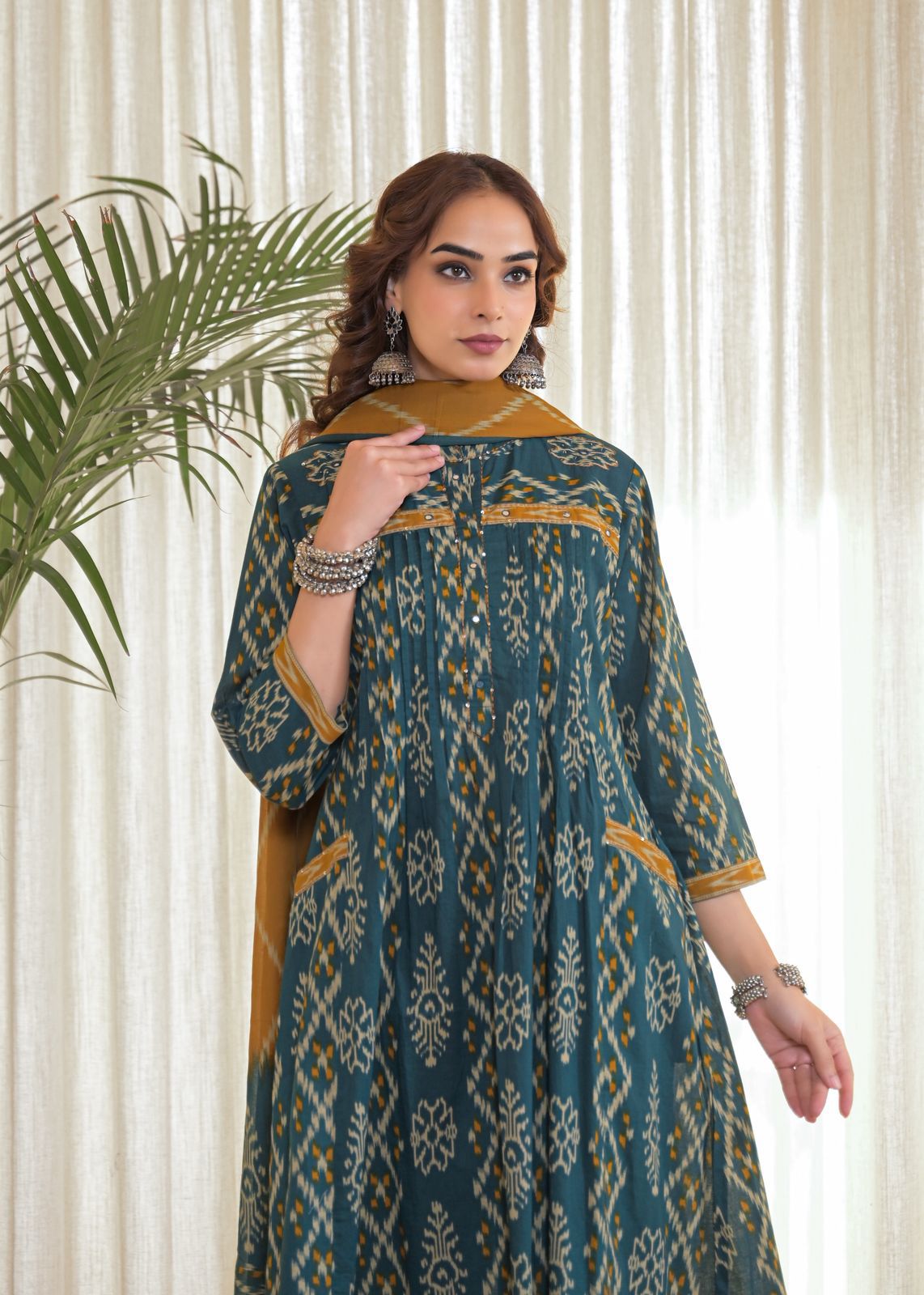 Geometric Green Ikat Print Cotton Kurta with Palazzo & Dupatta Set
