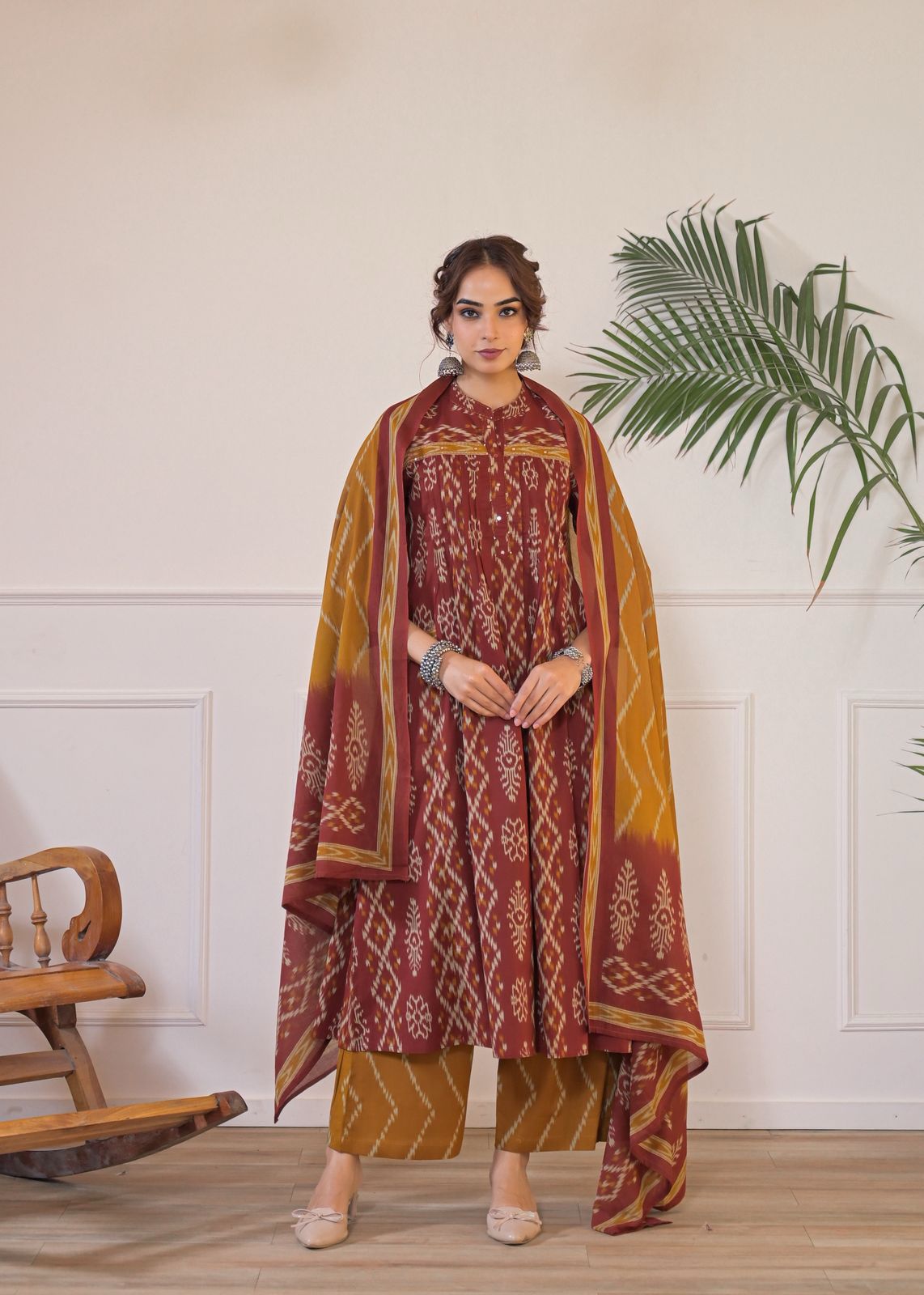 Geometric Maroon Ikat Print Cotton Kurta with Palazzo & Dupatta Set