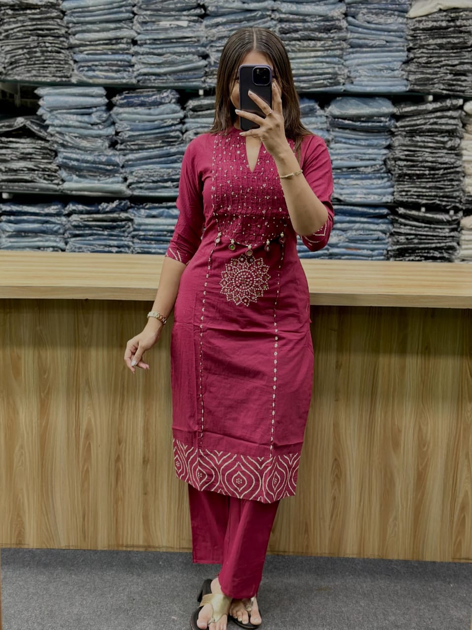 Rani Pink Gola Straight Cotton Kurta Pant Dupatta Set