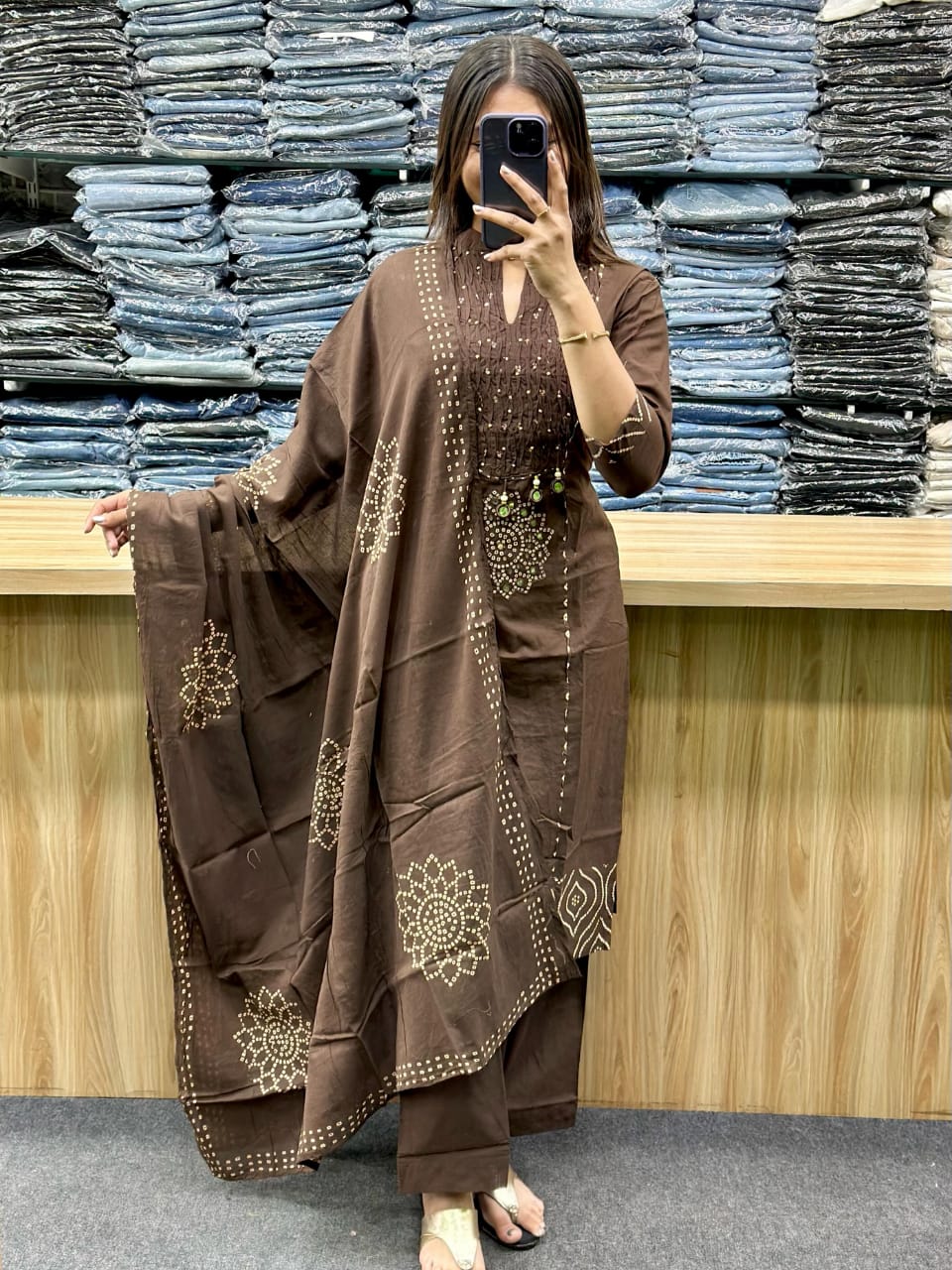 Chocolate Brown Gola Straight Cotton Kurta Pant Dupatta Set