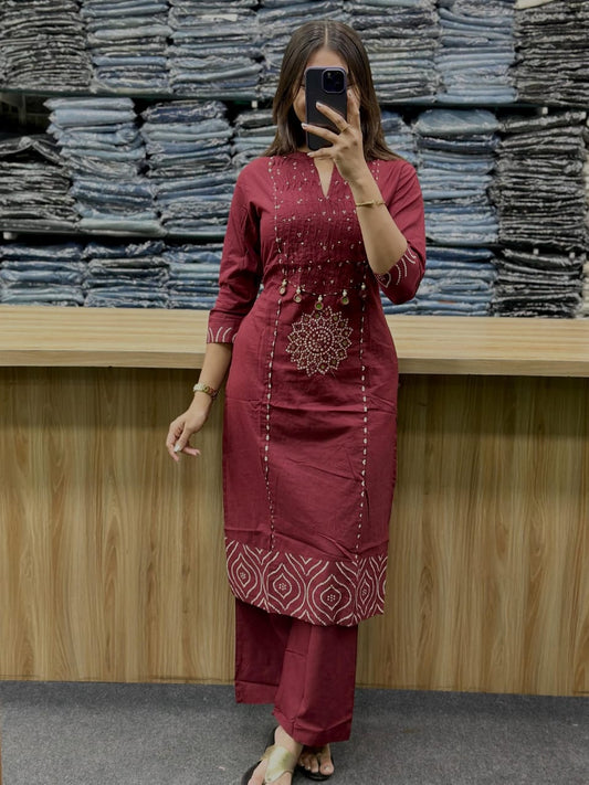 Wine Gola Straight Cotton Kurta Pant Dupatta Set