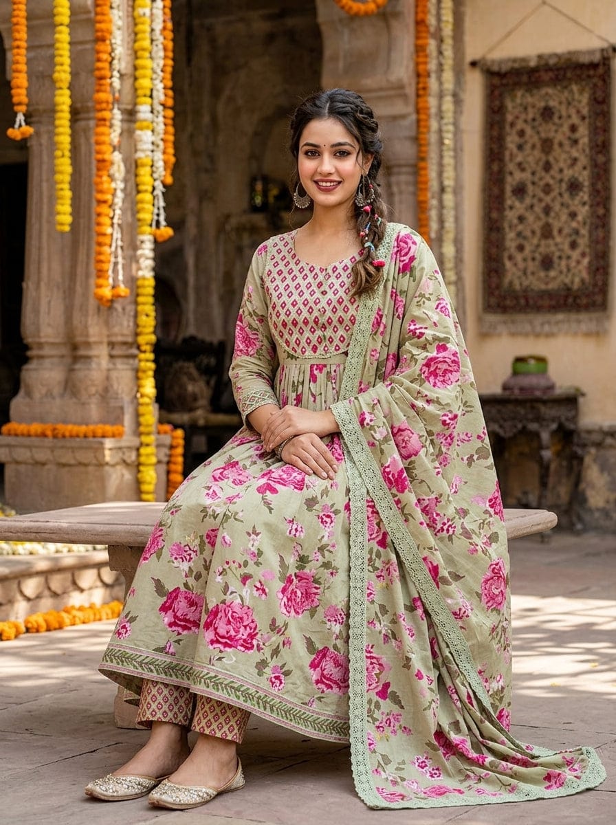 Sage Green Floral Anarkali Kurta Pant Dupatta Set