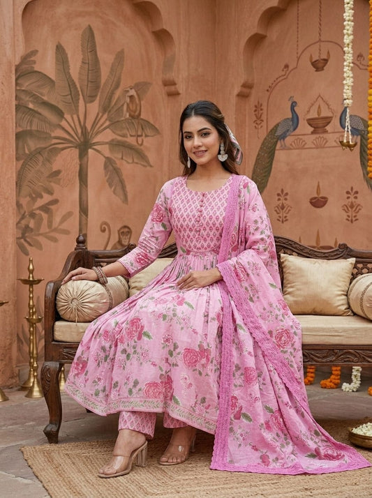 Pink Floral Anarkali Kurta Pant Dupatta Set