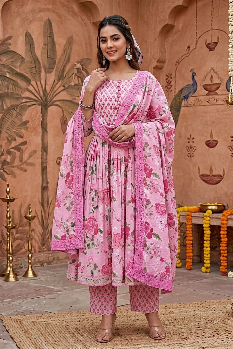 Pink Floral Anarkali Kurta Pant Dupatta Set