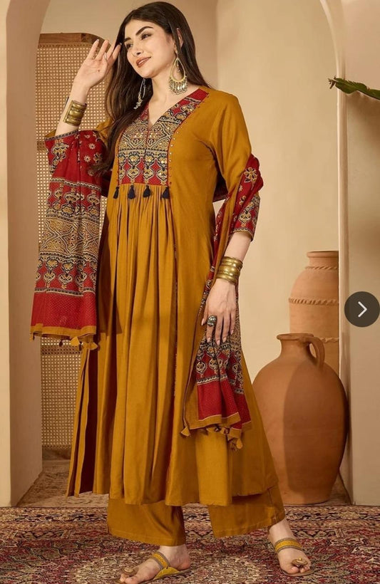 KIMAYRA Mustard Yellow Embroidered Empire Anarkali Kurta Set