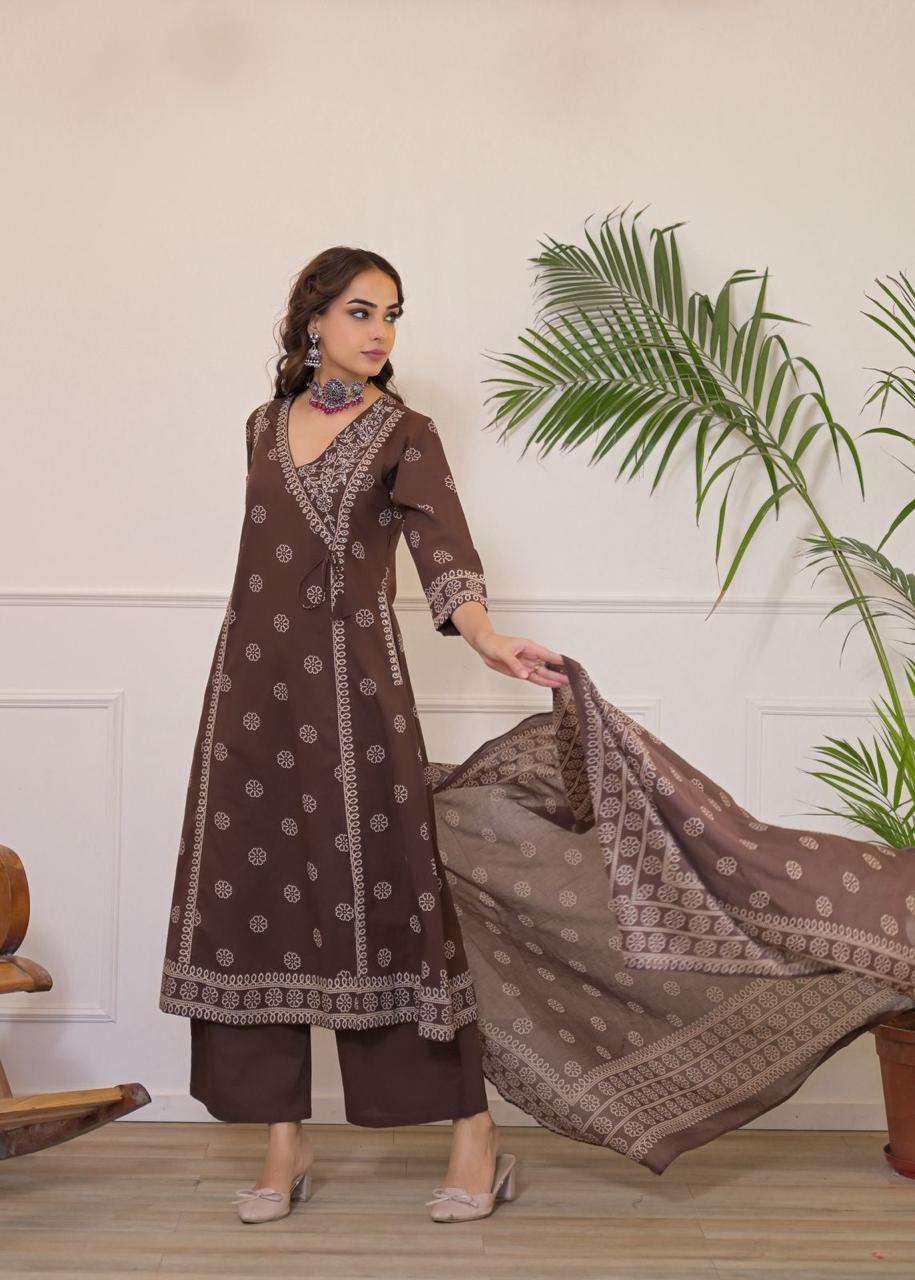 Angrakha Style Printed Cotton Kurta Set in Coffee Brown