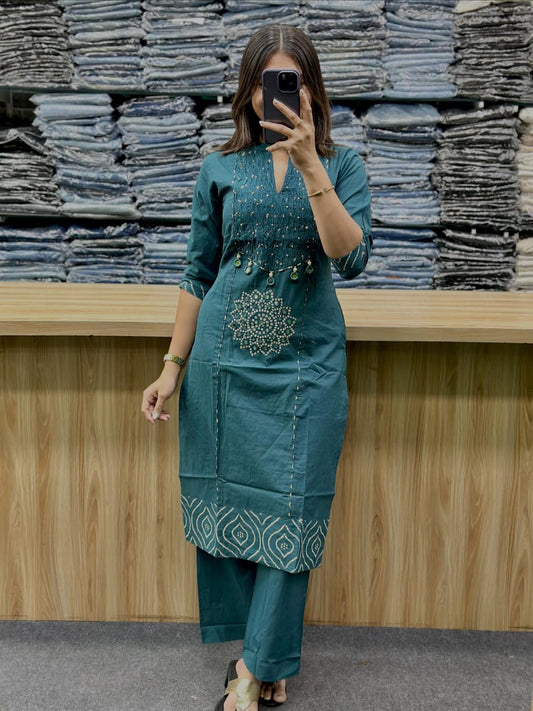 Light Green Gola Straight Cotton Kurta Pant Dupatta Set