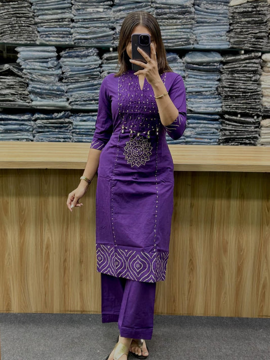 Purple Gola Straight Cotton Kurta Pant Dupatta Set
