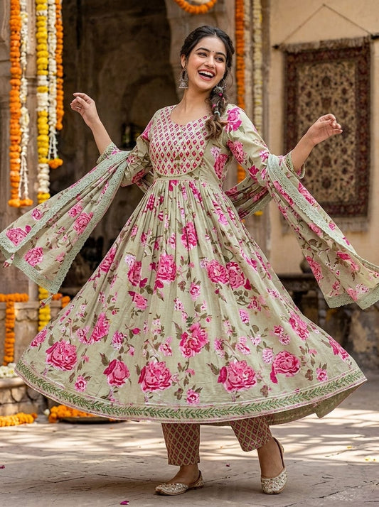 Sage Green Floral Anarkali Kurta Pant Dupatta Set