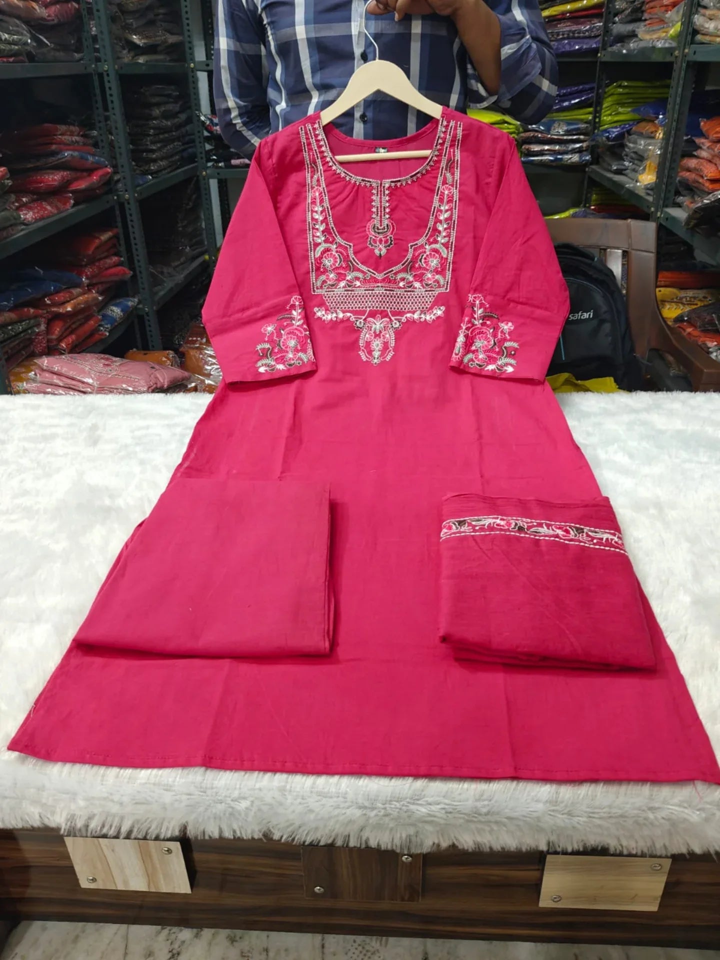 Beautiful Pink Embroidery Kurta With Pant And Dupatta Set