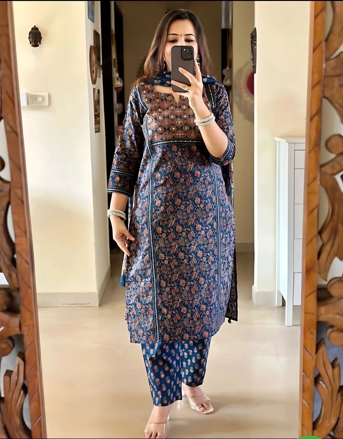 Blue pure Cotton Ajrakh Print Kurta Set For Women & Girls