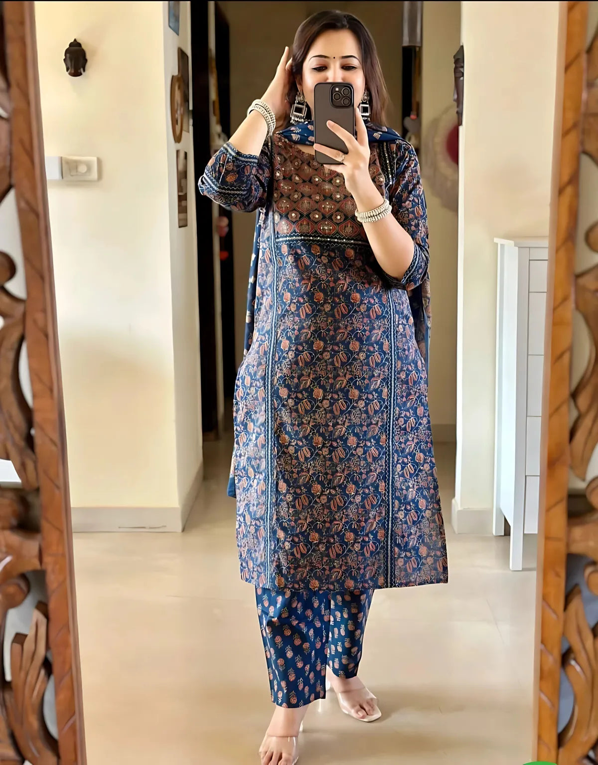 Blue pure Cotton Ajrakh Print Kurta Set For Women & Girls