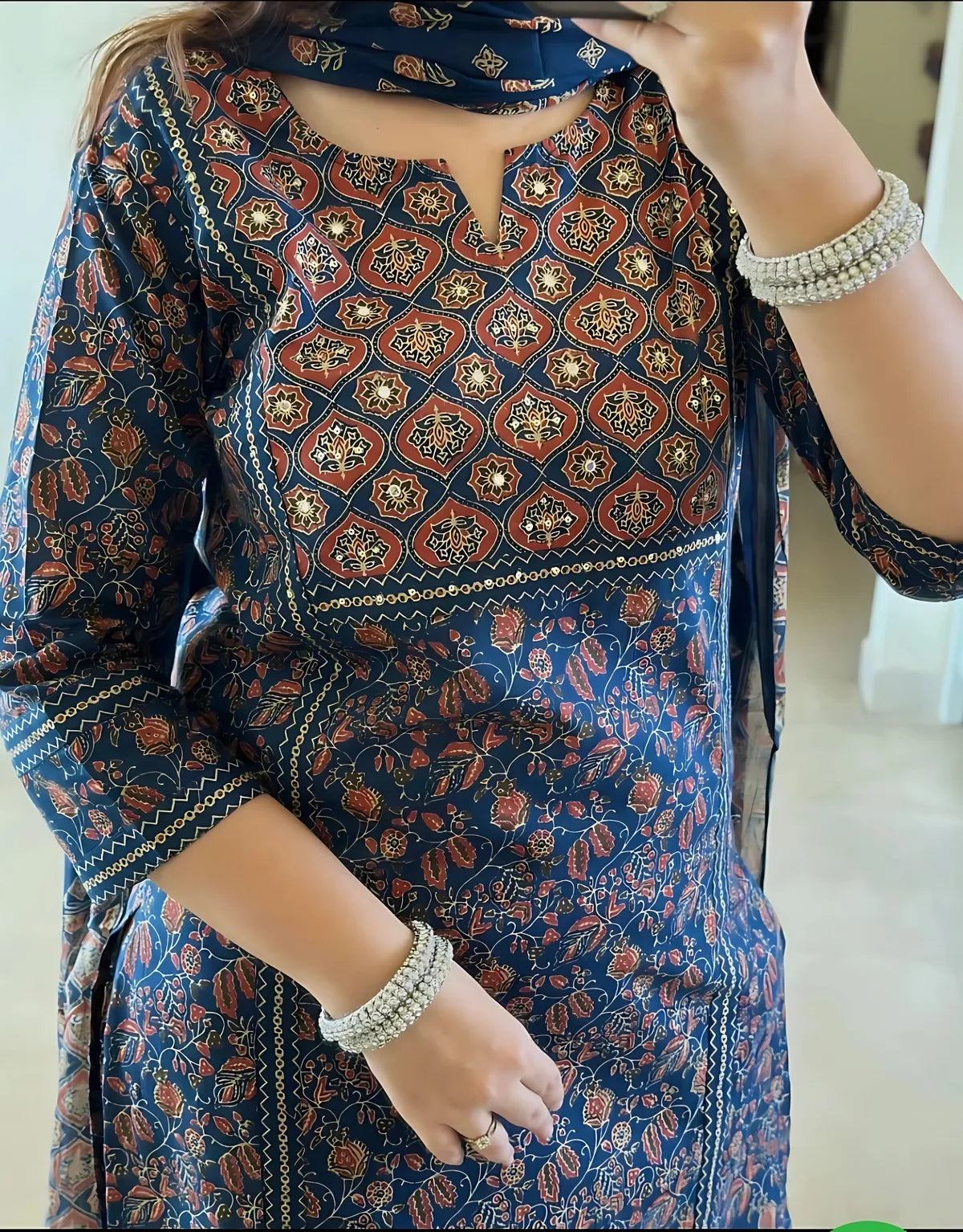Blue pure Cotton Ajrakh Print Kurta Set For Women & Girls