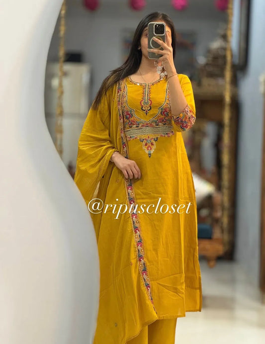 Beautiful Yellow Embroidery Kurta With Pant And Dupatta Set