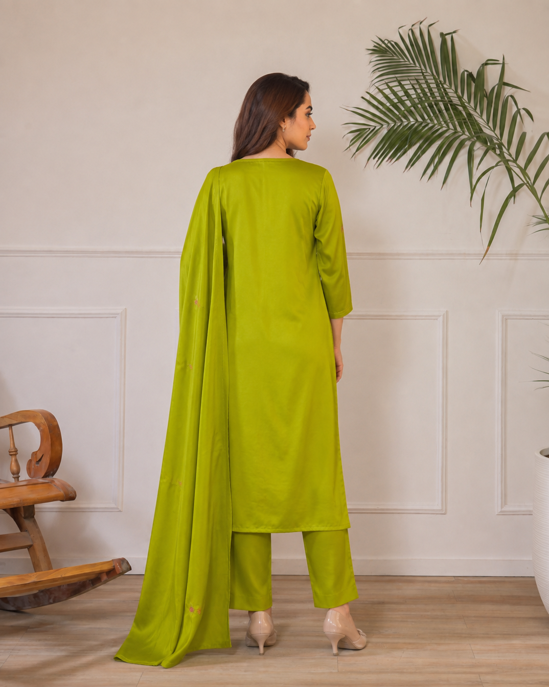 Lime Green Floral Embroidered Ethnic Three-Piece Kurta Set