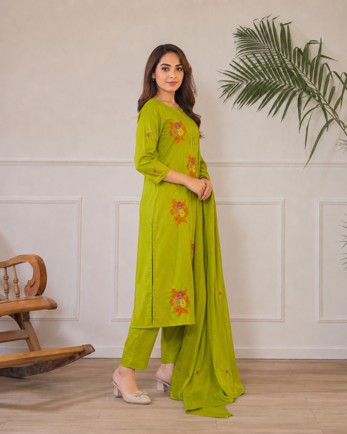 Lime Green Floral Embroidered Ethnic Three-Piece Kurta Set