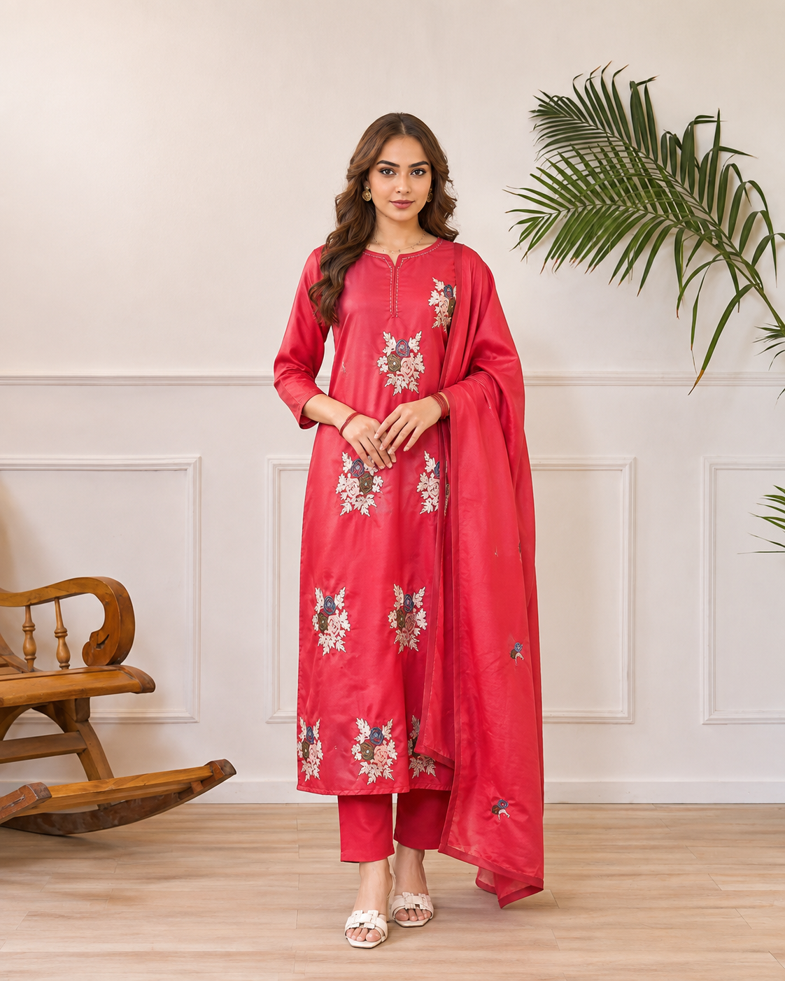 Red Floral Embroidered Ethnic Three-Piece Kurta Set
