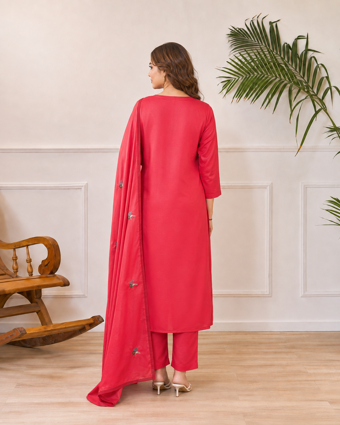 Red Floral Embroidered Ethnic Three-Piece Kurta Set