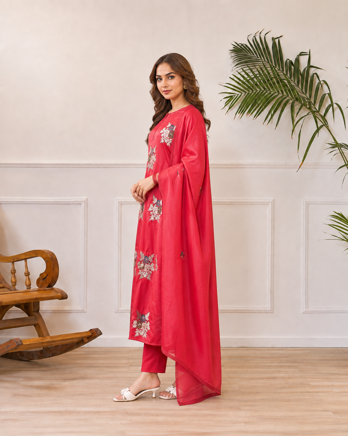 Red Floral Embroidered Ethnic Three-Piece Kurta Set