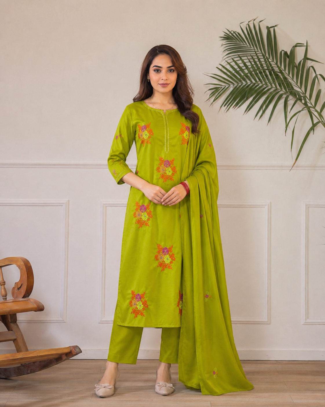 Lime Green Floral Embroidered Ethnic Three-Piece Kurta Set