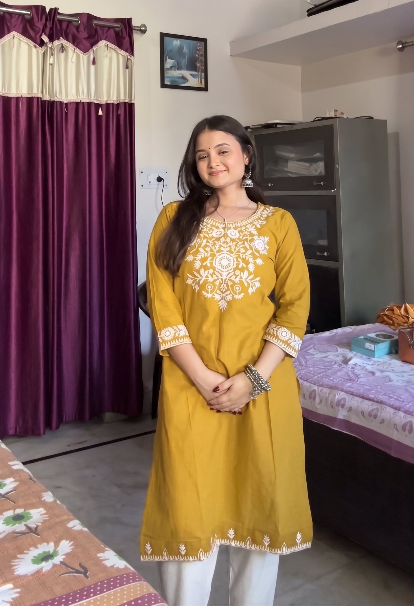 Yellow Stylish Summer Embroidery Kurti With Pant Set