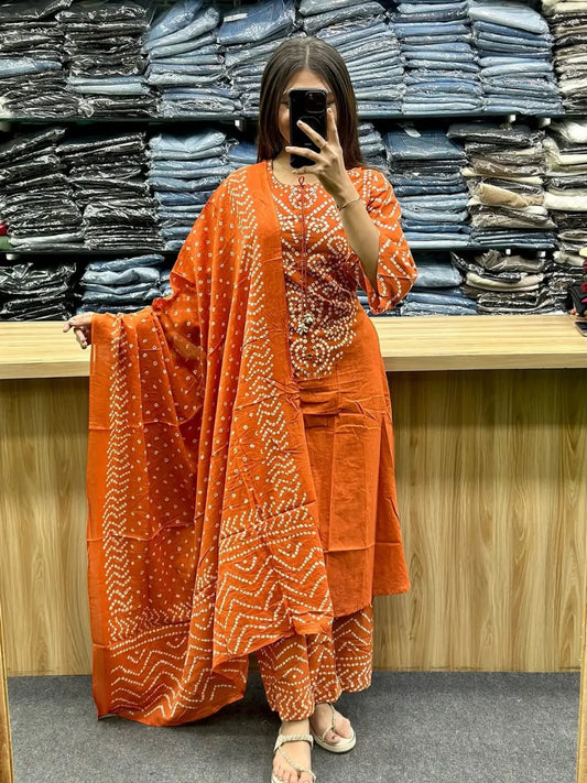 Orange Bandhani A-Line Kurta Set with Palazzo