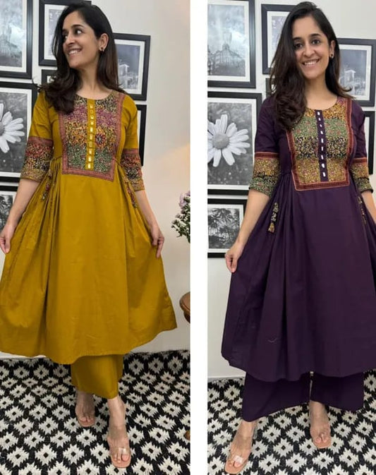 Purpal Solid A-Line Kurti With Pant Set