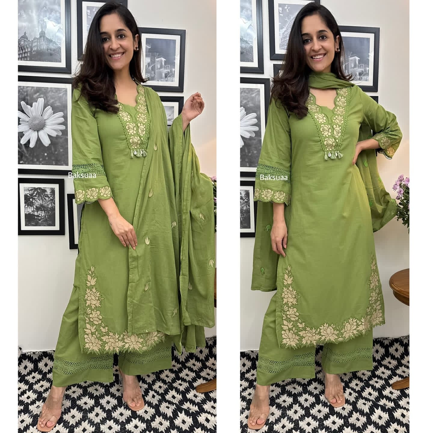 Olive Green Premium Cotton Full Embroiderd Suit Set