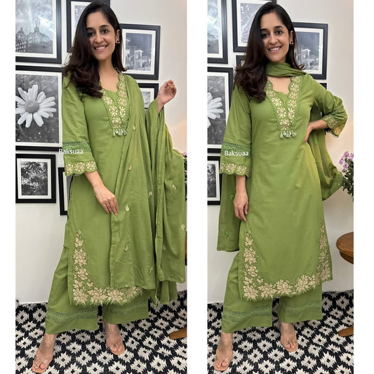 Olive Green Premium Cotton Full Embroiderd Suit Set
