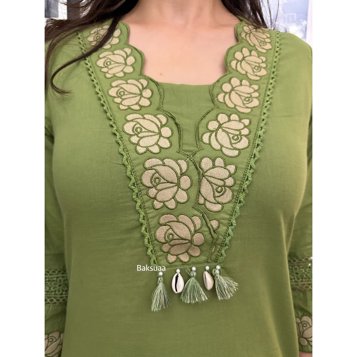 Olive Green Premium Cotton Full Embroiderd Suit Set