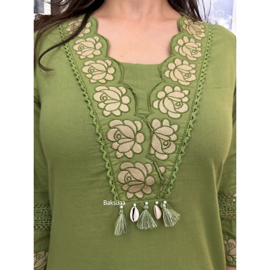Olive Green Premium Cotton Full Embroiderd Suit Set