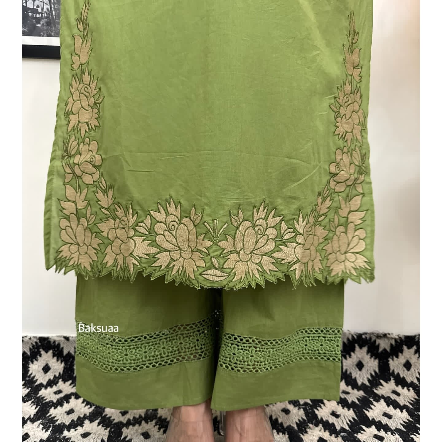 Olive Green Premium Cotton Full Embroiderd Suit Set
