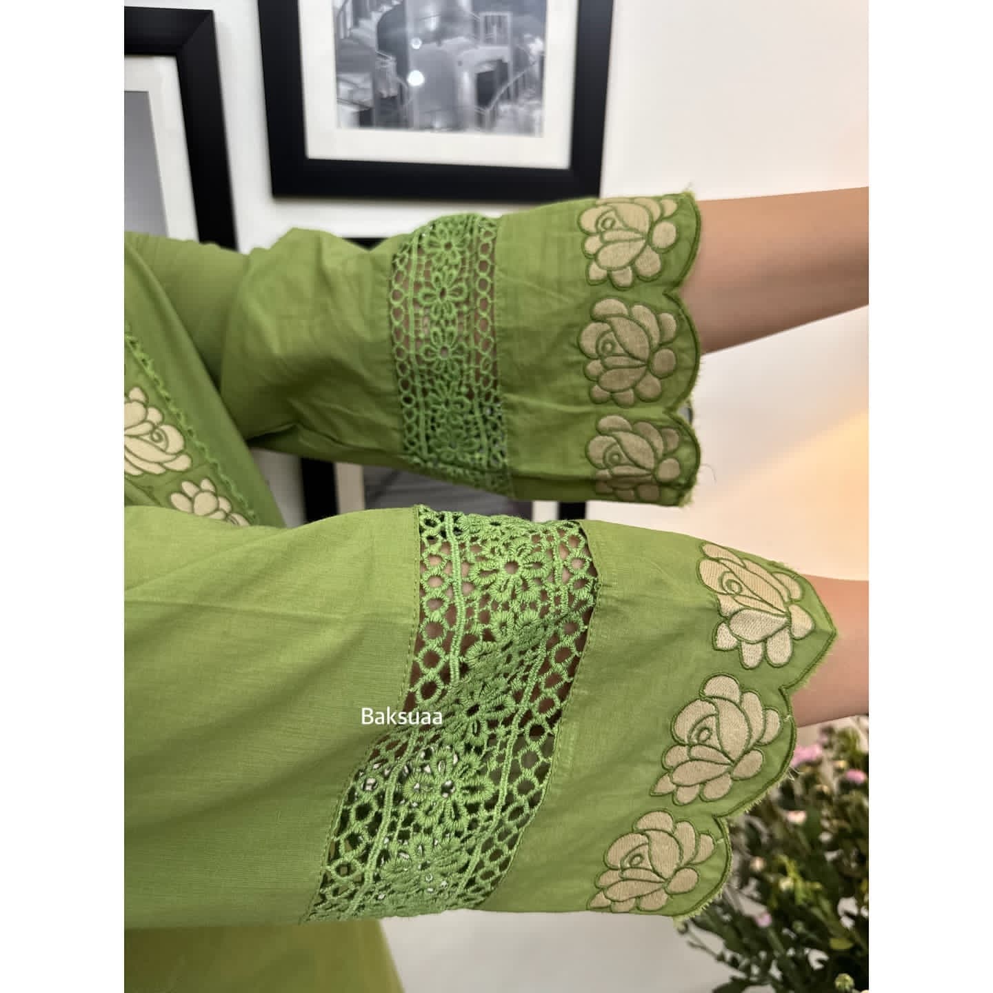 Olive Green Premium Cotton Full Embroiderd Suit Set