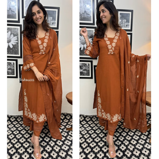 Rusty Orange Premium Cotton Full Embroiderd Suit Set